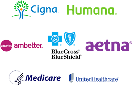 Insurance logos for Cigna, Humana, BCBS, AETNA, Medicare, United Healthcare, and Ambetter